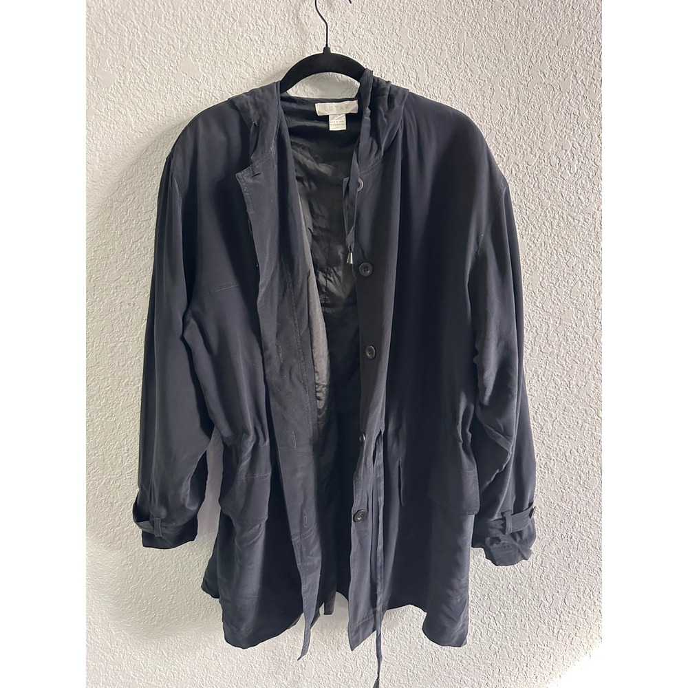 Lutar Womens Black 100% Silk Hooded Utility Jacket XL Drawstring Waist Pocketed